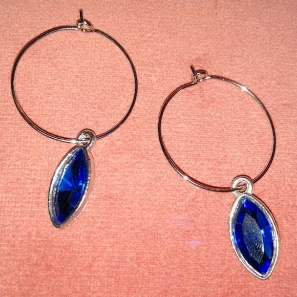 Cobalt Blue Marquis Rhinestone Silver Charm Hoop Earrings Hoops Handmade KATTA - Picture 3 of 9